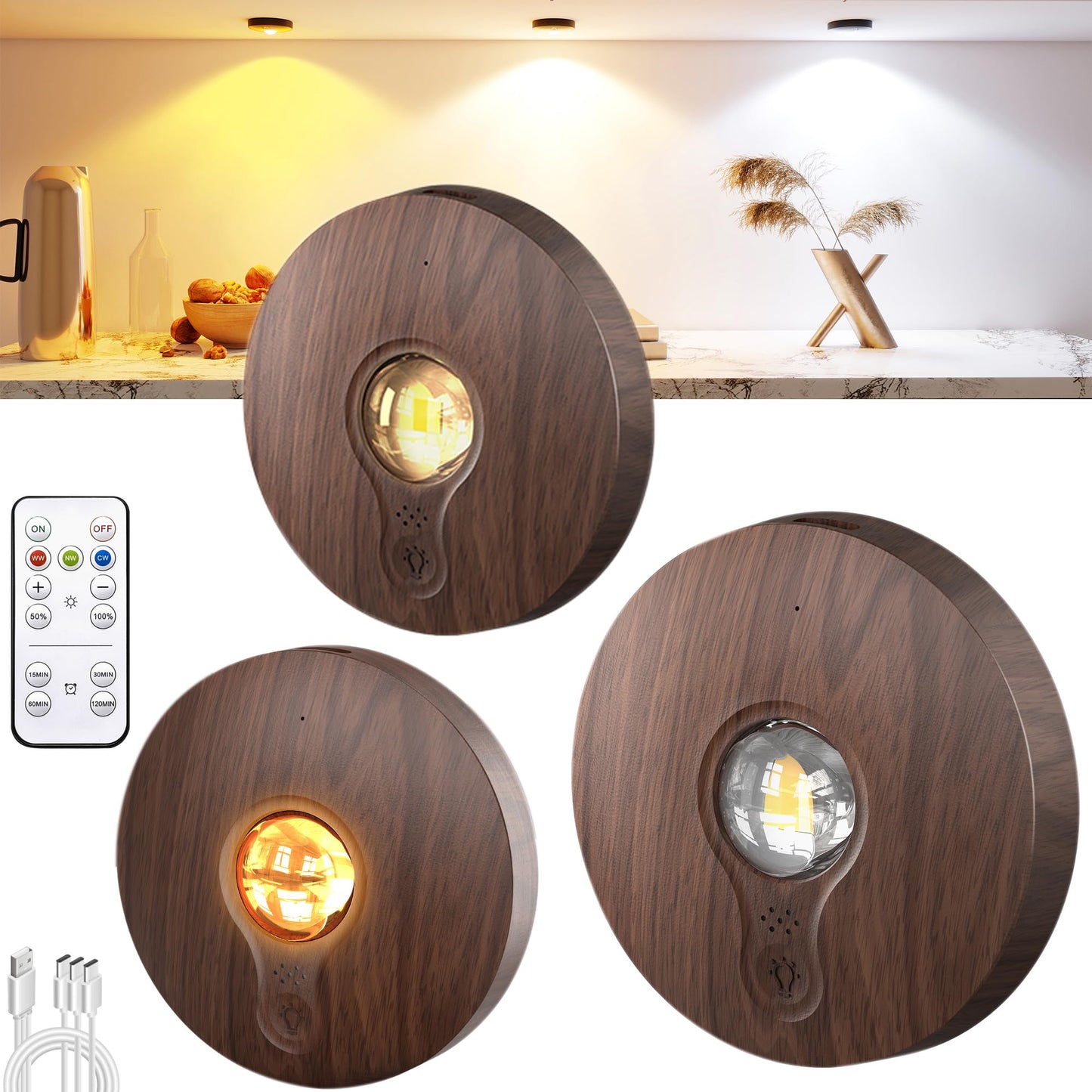 UNUSROOM Rechargeable Puck Lights, LED Under Cabinet Lighting, Dimmable, Wireless, Dark Wood, Model T065