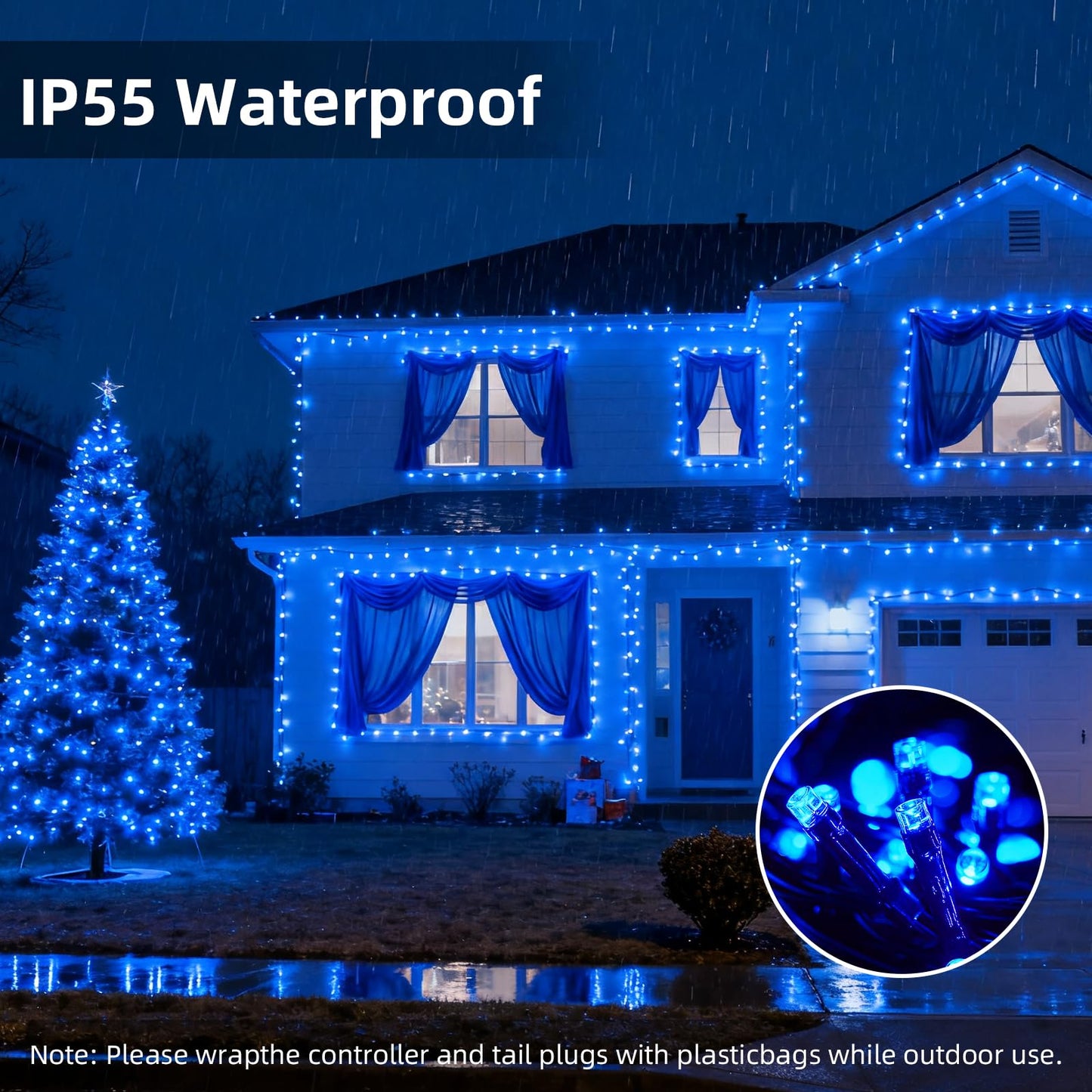 Vtechology 500 Led Blue Christmas Tree Light Plug In Connectable 170Ft String Lights With 8Modes Ul Certified Outdoor Indoor For Halloween Holiday Bedroom Party Decor