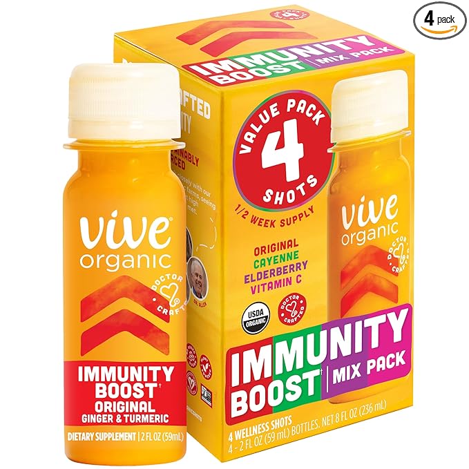 Vive Organic Immunity Boost Shots -Variety 4 Pack (2oz, 4 Count)
