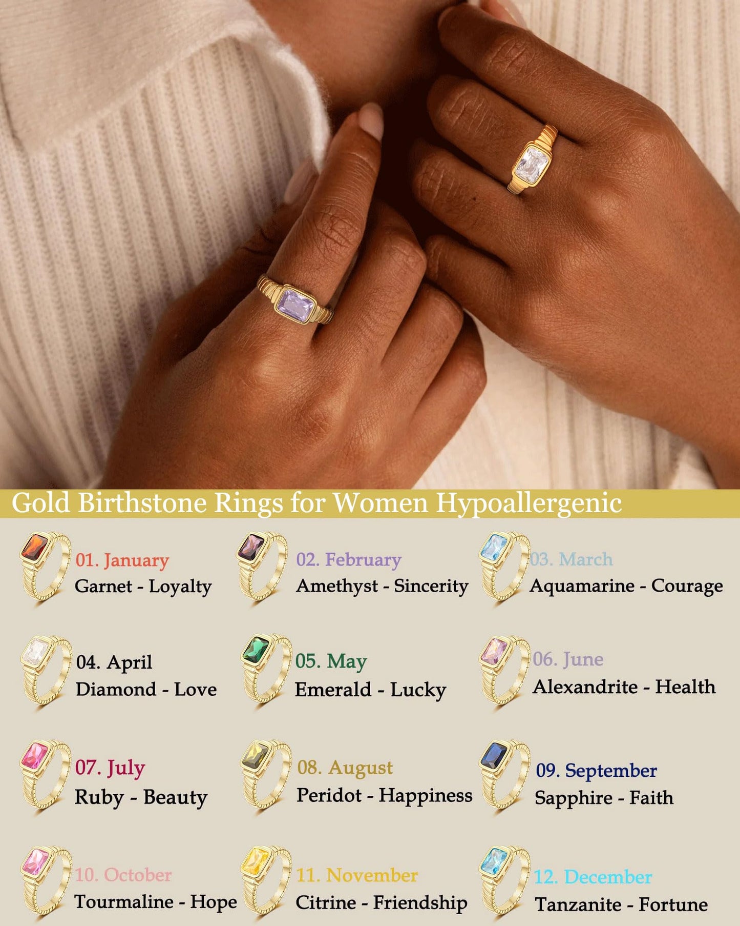 ZHESHY Birthstone Gold Rings for Women Non Tarnish Vintage Chunky Rings 14K Gold Plated CZ Signet Band Thumb Rings Jewelry Gift
