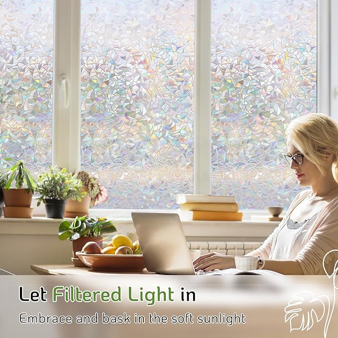 LUTE Window Privacy Film, Rainbow Window Film, 3D Decorative Stained Glass Cling, Non-Adhesive Vinyl Static Cling Removable Glass Stickers, Sun UV Blocking Decal Covering for Home, 35.4 x 118.1 inches