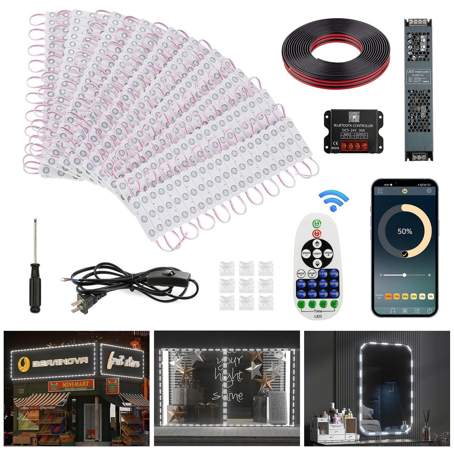 BEAMNOVA Bluetooth Remote Control 100Ft White Storefront Lights Kit, DC 12V 400W Power Supply, Dimmable Vinyl Strip Light Modules
