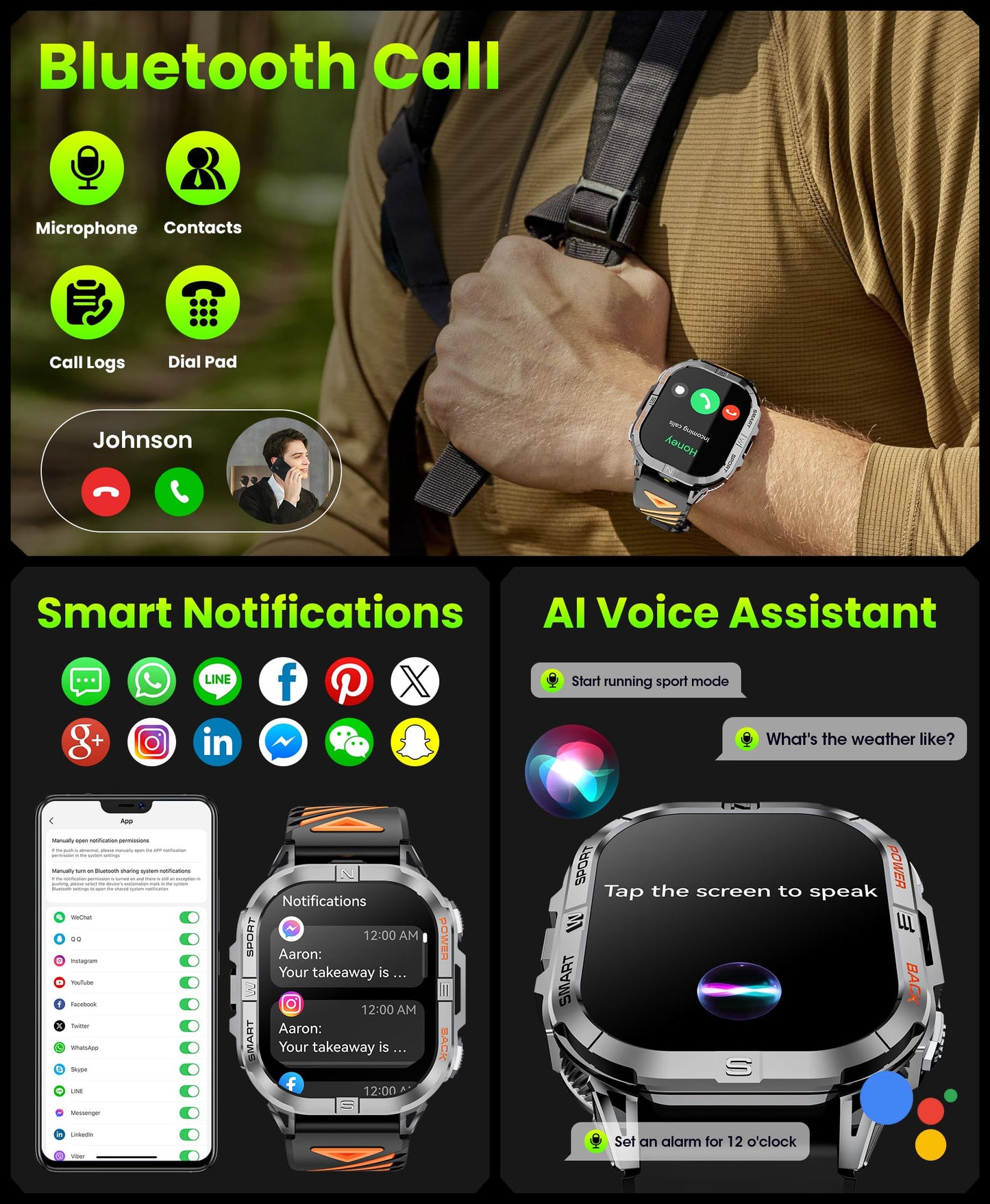 Joautrial Military Smart Watch for Men Built-in GPS with LED Flashlight Compass, 2.13" AMOLED Tactical Smart Watches with Answer/Make Calls, 3ATM Waterproof Fitness Tracker for iPhone Android (Black)