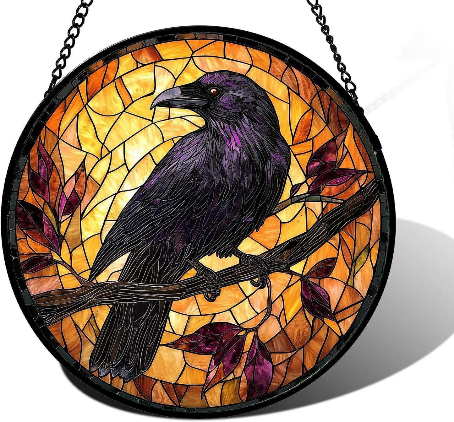 Stained Glass Window Hanging - Crow on a Branch Suncatcher Ready to Hang Window Doors Home Decoration and Christmas, Mother's Day Birthday Gifts for Women, Men, and Mom 11.8x11.8 in