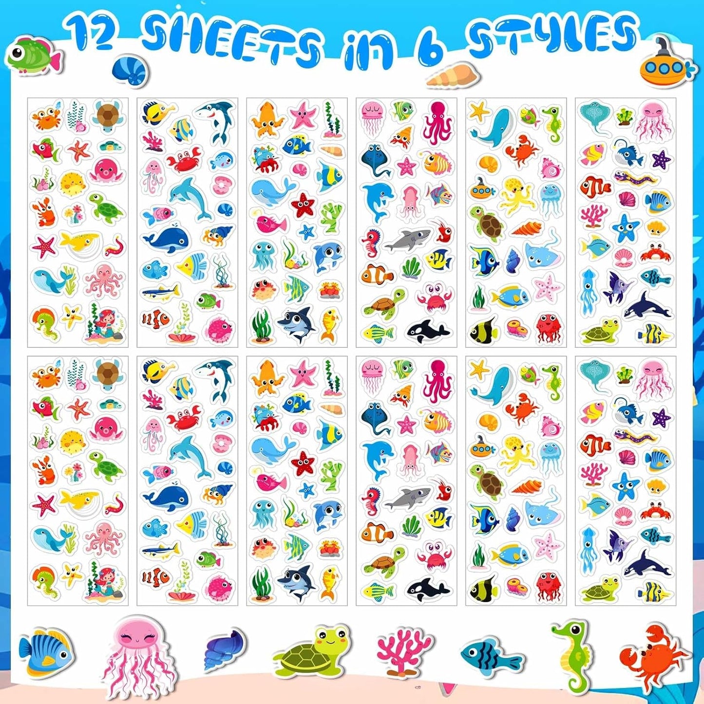 UPINS 12 Sheets Ocean 3D Puffy Stickers for Kids, Under The Sea Animal Cute Fish Shark Foam Stickers for Boys Girls Birthday Gifts, Classroom Reward, DIY Crafts Decorations