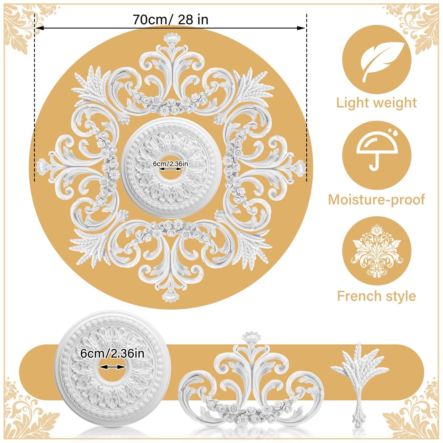 Nuanchu Large Pu Ceiling Medallion Combination Decorative French Style Chandelier Base Ceiling Medallion For Light Fixtures Vict