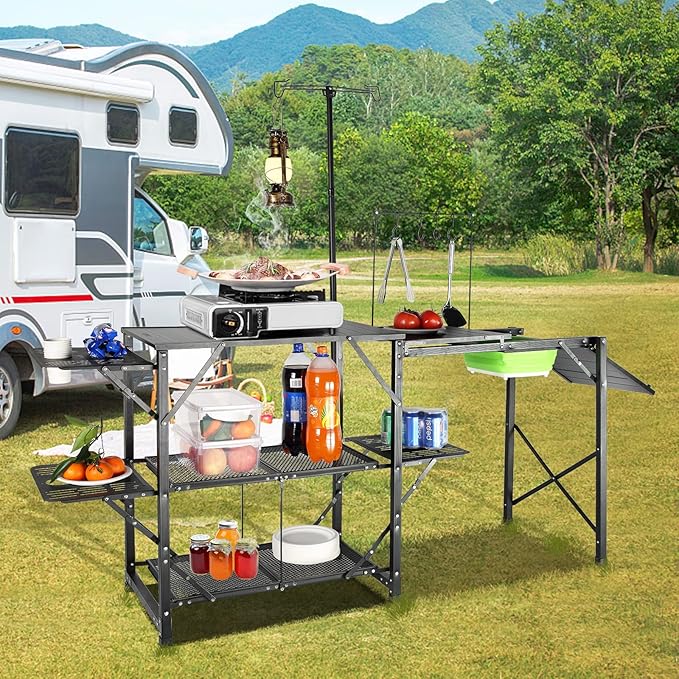 VEVOR Camping Kitchen Table with Sink, Aluminum Folding Portable Outdoor Cook Station, 2 Shelves & Carrying Bag for Picnic BBQ Beach Traveling