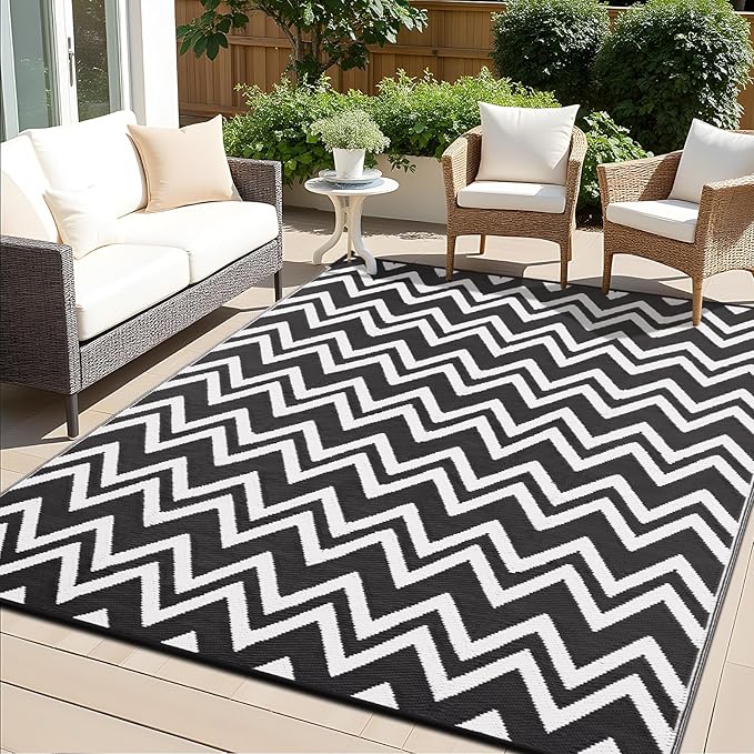 OLANLY Waterproof Outdoor Rug 9x12 ft Clearance, Reversible Outdoor Plastic Straw Rug, RV Mat, Indoor Outdoor Carpet for Patio, Camping, Balcony, Deck, Backyard, Black & White