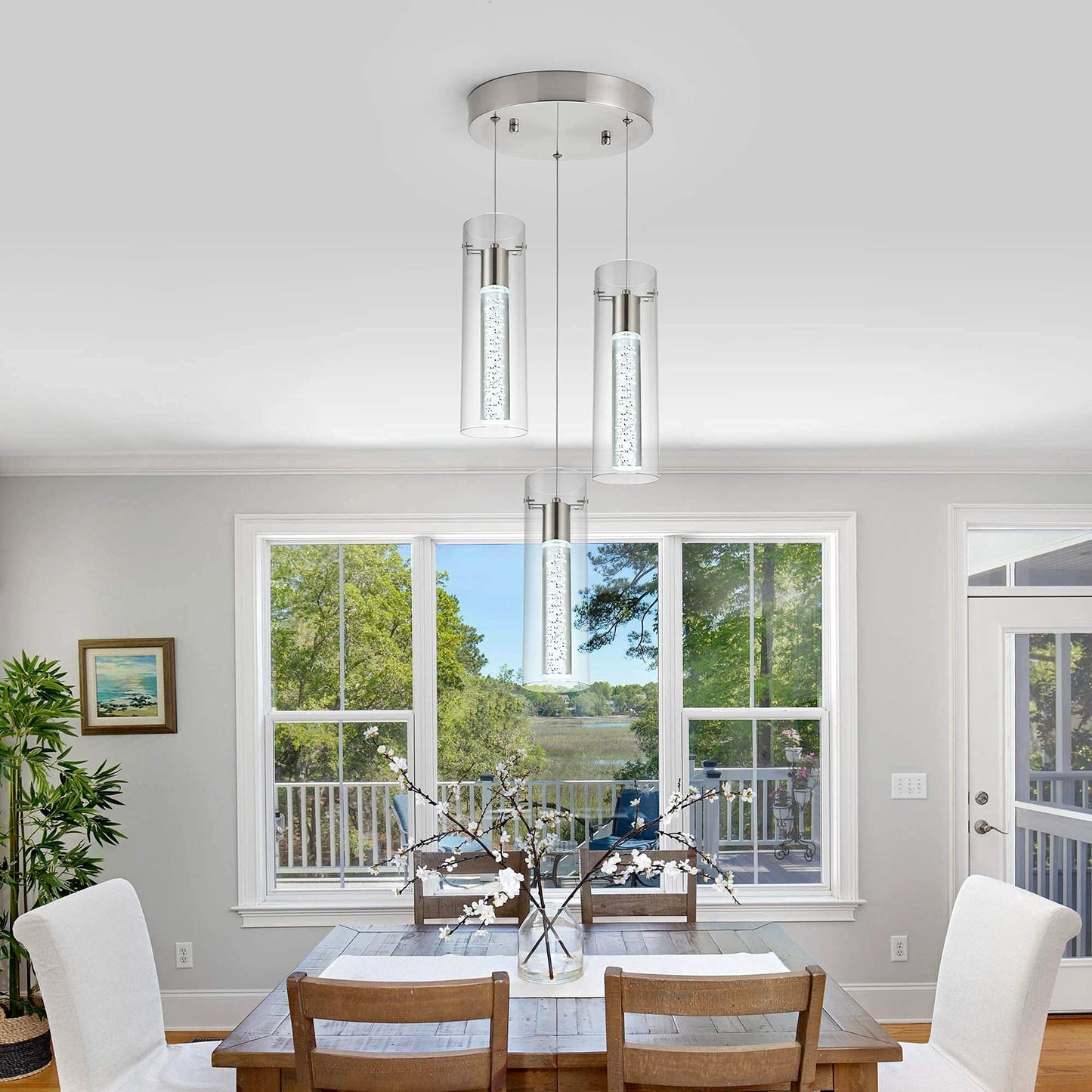 Votag Kitchen Lighting Pendant Fixtures 3-Light Led Pendant Ceiling Fixture Brushed Nickel Bubble Cylinder Pendant Light With Adjustable Length For Kitchen Island Dinning Room Bedroom