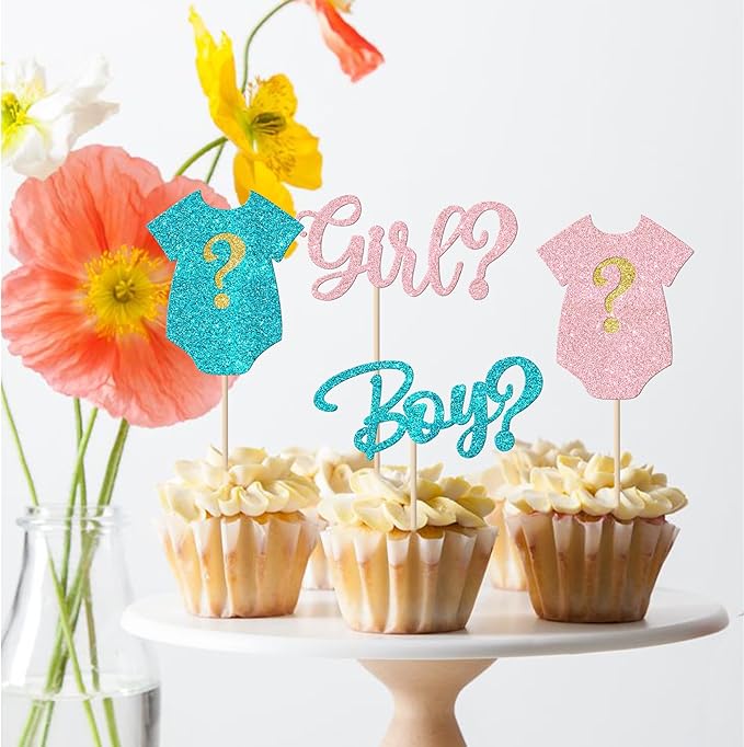 Rsstarxi 24 Pack Gender Reveal Cupcake Toppers Glitter Boy or Girl Cupcake Toppers Pink or Blue Baby Shower Cupcake Picks Decors for Gender Reveal Baby Shower Party Cake Decorations