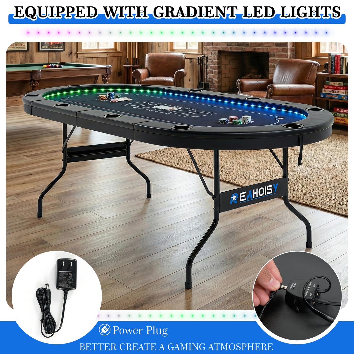 REAHOISY LED Poker Table for 10 Players, 84" Oval Foldable Texas Holdem Casino Table with Tri-Color LED Lights, Board Game Table for Home Game Room with 10 Cup Holders and Padded Armrests