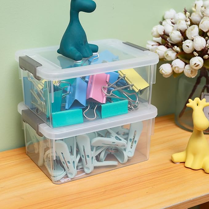 Citylife 1.3 QT 8 Packs Small Storage Bins Plastic Storage Container Stackable Box with Lids for Organizing, Clear White