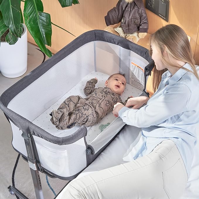 Baby Bassinet Bedside Sleeper with Wheels,Easy Folding Lightweight Crib for Baby/Infants,Breathable Mesh and Adjustable Height - Grey
