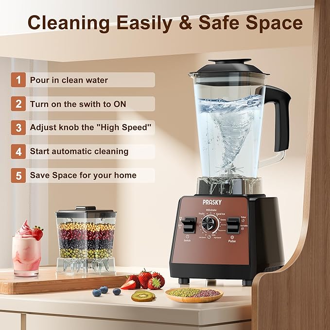 Blender, Smoothie Blenders, PRASKY Max.2400Watts/1000Watts Kitchen Blender and Grinder Combo 25000RPM Powerful Kitchen 68oz BPA Free 2 Containers Countertop Blenders Ice Crushing (Brown)