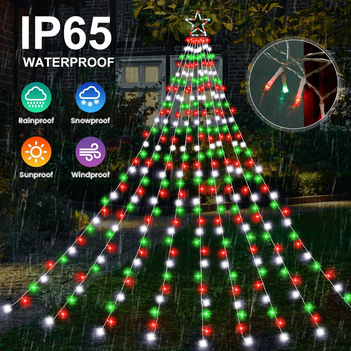 Cerflyer Outdoor Christmas Decorations String Lights  320 Led 11.5 Ft Waterfall Tree Lights With Star Topper 8 Lighting Modes Christmas Light For Indoor Outdoor Yard Home Festival Xmas New Year Decor