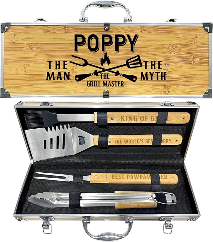 Christmas Poppy Gifts from Grandkids, Heavy Duty Wooden BBQ Grilling Accessories Kit for Backyard, Poppy Thick Stainless Steel Grill Utensils with Non-Slip Handle Tools in Portable Bag Birthday