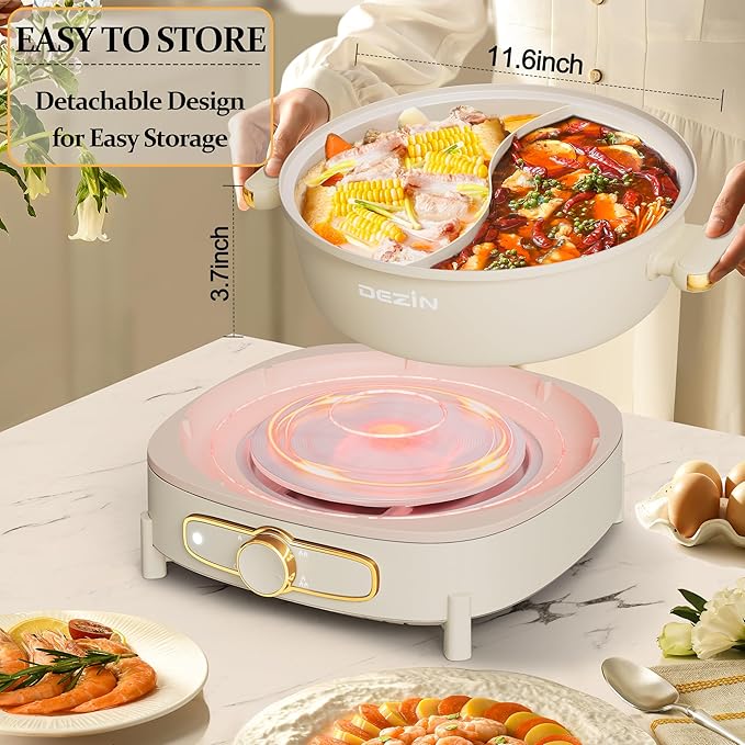 Dezin Hot Pot Electric with Divider, 6L Double-Flavor Shabu Shabu Pot, Dual Sided Removable Non-Stick Hotpot Pot Electric, 3" Depth Chinese Hot Pot with Multi-Power Control, 2 Silicone Ladles Included