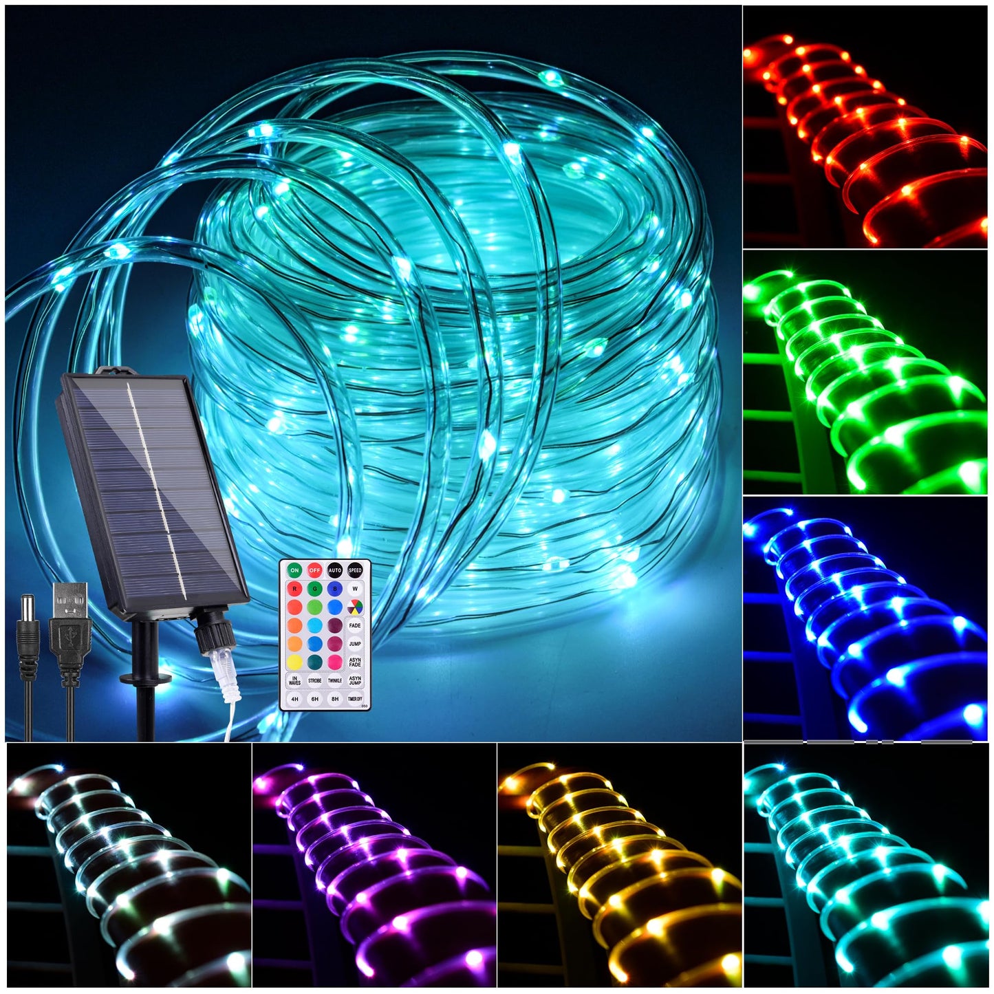 Hozplex 33FT Solar Rope Lights Outdoor Waterproof, 18 Colors Changing Trampoline Light Solar Powered & USB with Remote, Multicol
