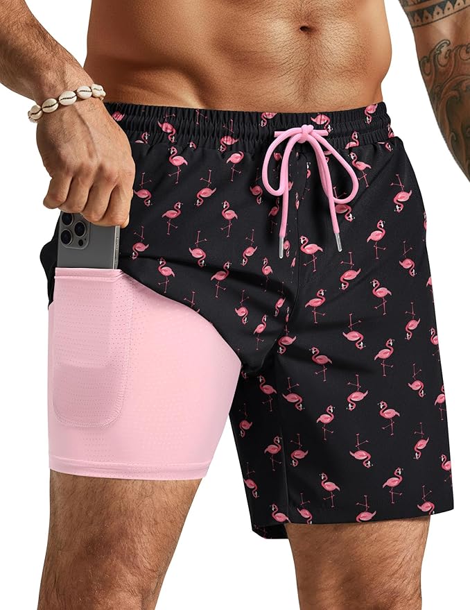 COOFANDY Mens Swim Trunks with Compression Liner Quick Dry 7 Inch Bathing Suit Beach Short with Zipper Pockets