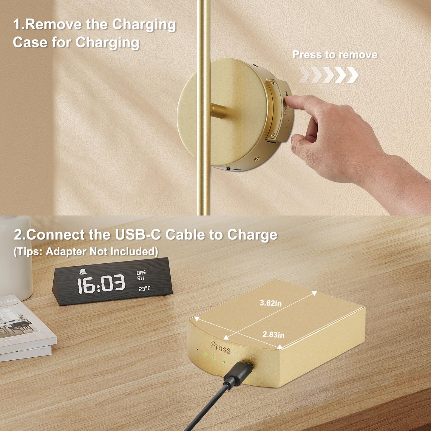 KARTOOSH Removable Battery Operated Wall Sconces, 350° Rotate, LED, 3 Color Temperatures, 24.4 Inch, Gold, Model ZM326BGD