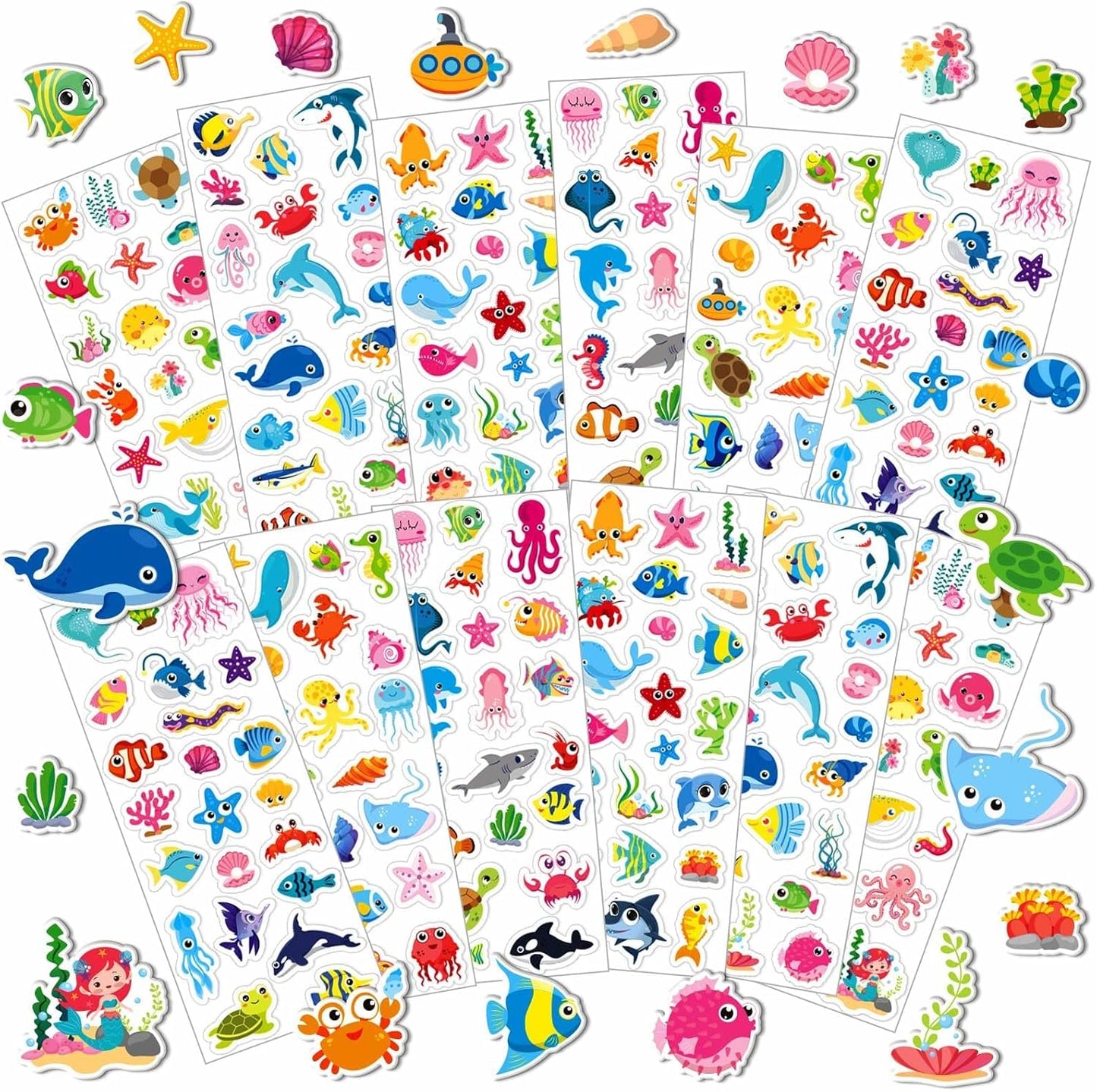 UPINS 12 Sheets Ocean 3D Puffy Stickers for Kids, Under The Sea Animal Cute Fish Shark Foam Stickers for Boys Girls Birthday Gifts, Classroom Reward, DIY Crafts Decorations