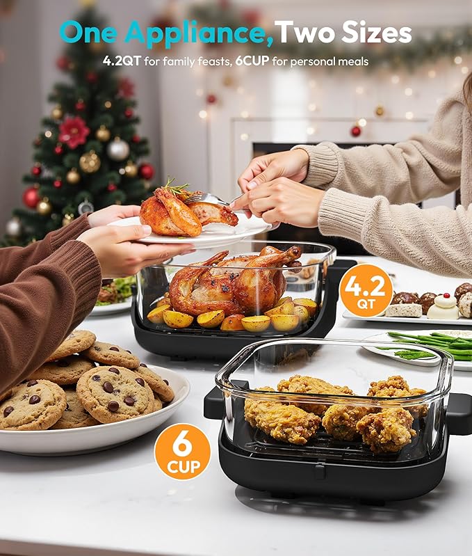 4-in-1 Portable Glass Air Fryer - 1500W, 4.2QT & 6 Cup Dual Containers, 140°F–400°F Temp Range, Microwave, Freezer & Dishwasher Safe, Grey