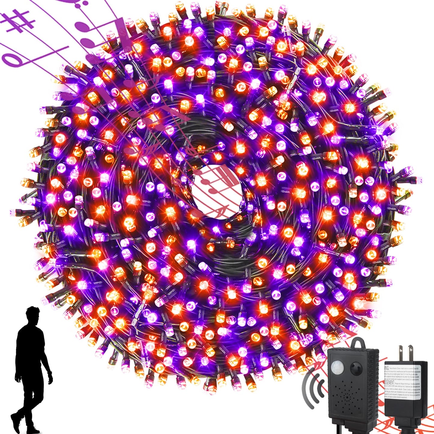 Mzd8391 Halloween String Lights - 108Ft, 300Led, Waterproof, Motion Sensor, Orange & Purple, For Indoor/Outdoor Decor