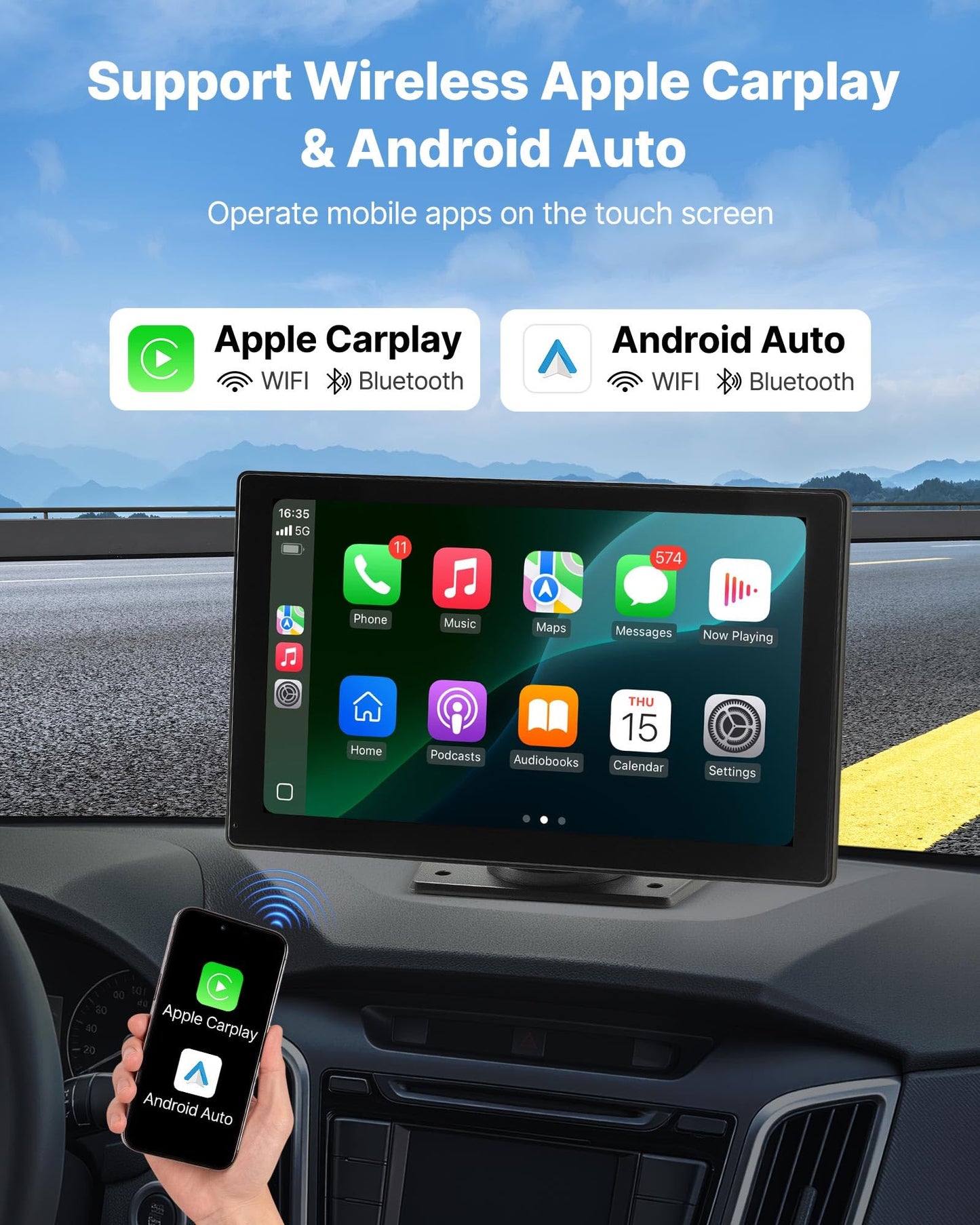 Vevor Wireless Car Stereo, 9-Inch Hd Portable Radio Touch Screen With Apple Carplay And Android Auto, Carplay Screen With Front