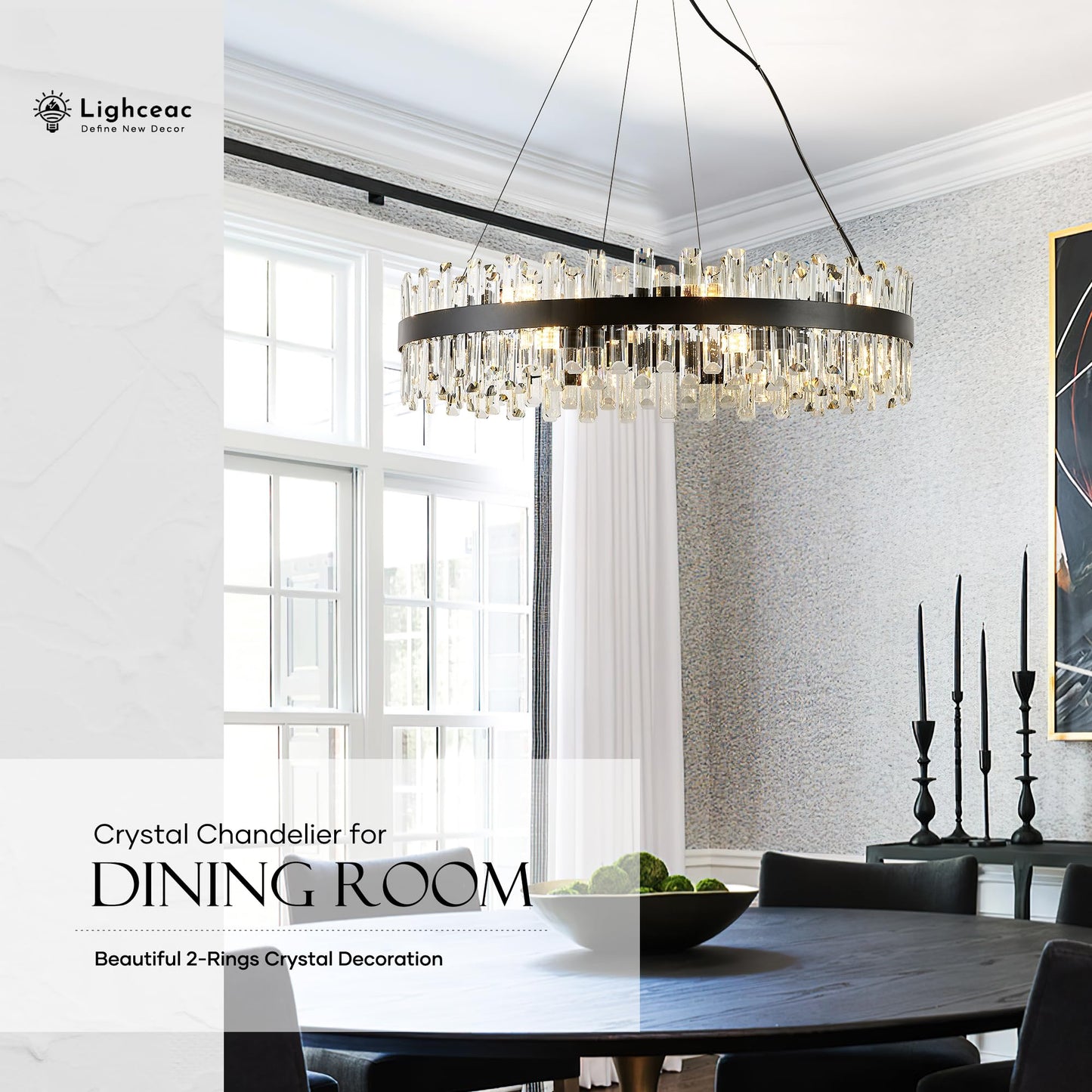Lighceac 31.9 Black Modern Crystal Chandelier Light Fixtures stylish 2 Ring Crystal Chandeliers For Dining Room 16-Light Round Hanging Pendant Lighting For Living Room Kitchen Island Entryway Bedroom