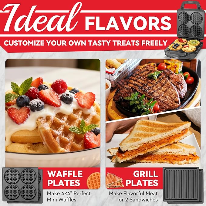2 in 1 Mini Waffle Maker with Removable Plates, Panini Press Sandwich Maker, Sandwich Press, Waflera Electrica, Sandwichera Electrica, 4 X 4 Inch Classic Waffle Maker for Kids, Graphite