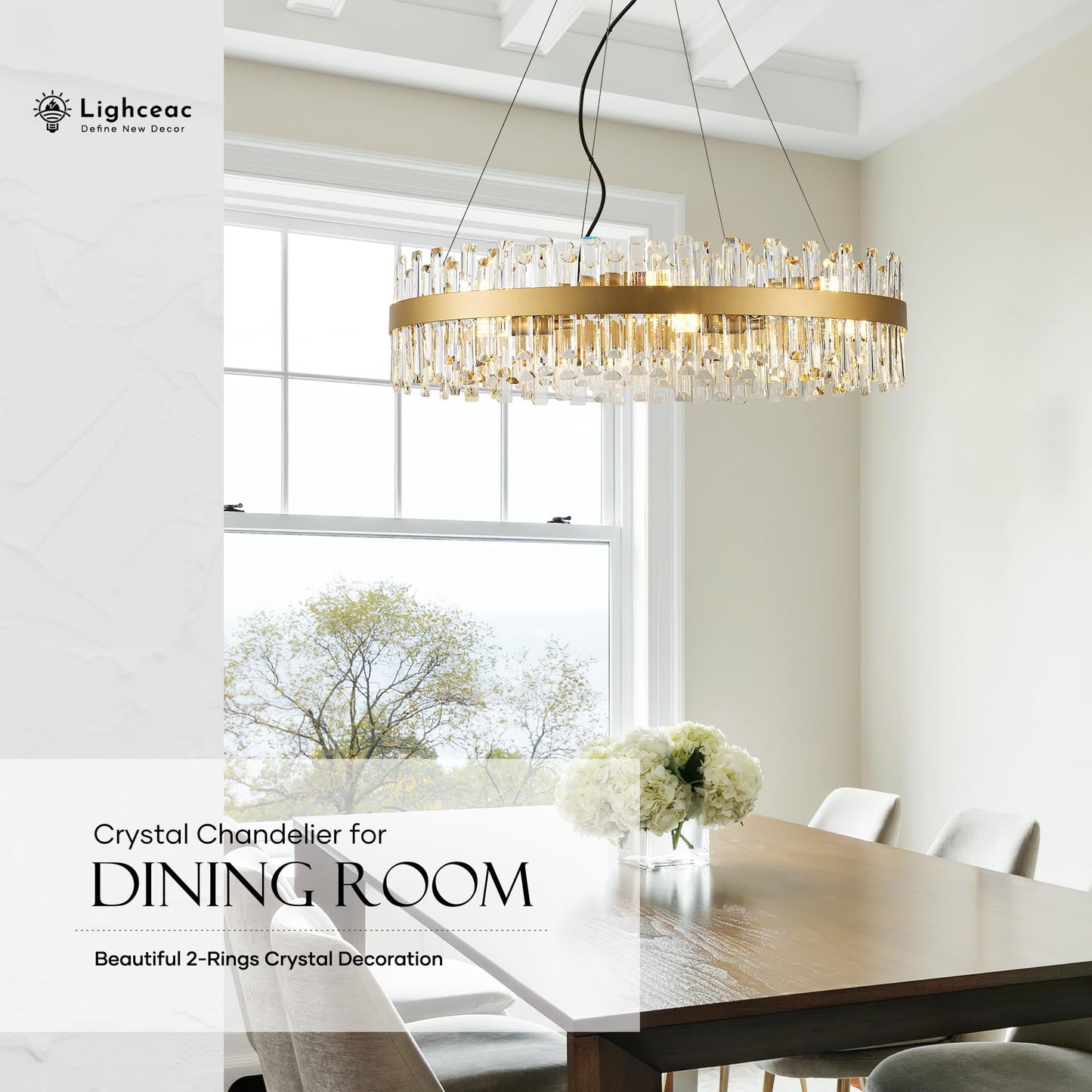 Lighceac 31.9 Gold Modern Crystal Chandelier Light Fixtures stylish 2 Rings Crystal Chandeliers For Dining Room 16-Light Round Hanging Pendant Lighting For Living Room Kitchen Island Entryway Bedroom