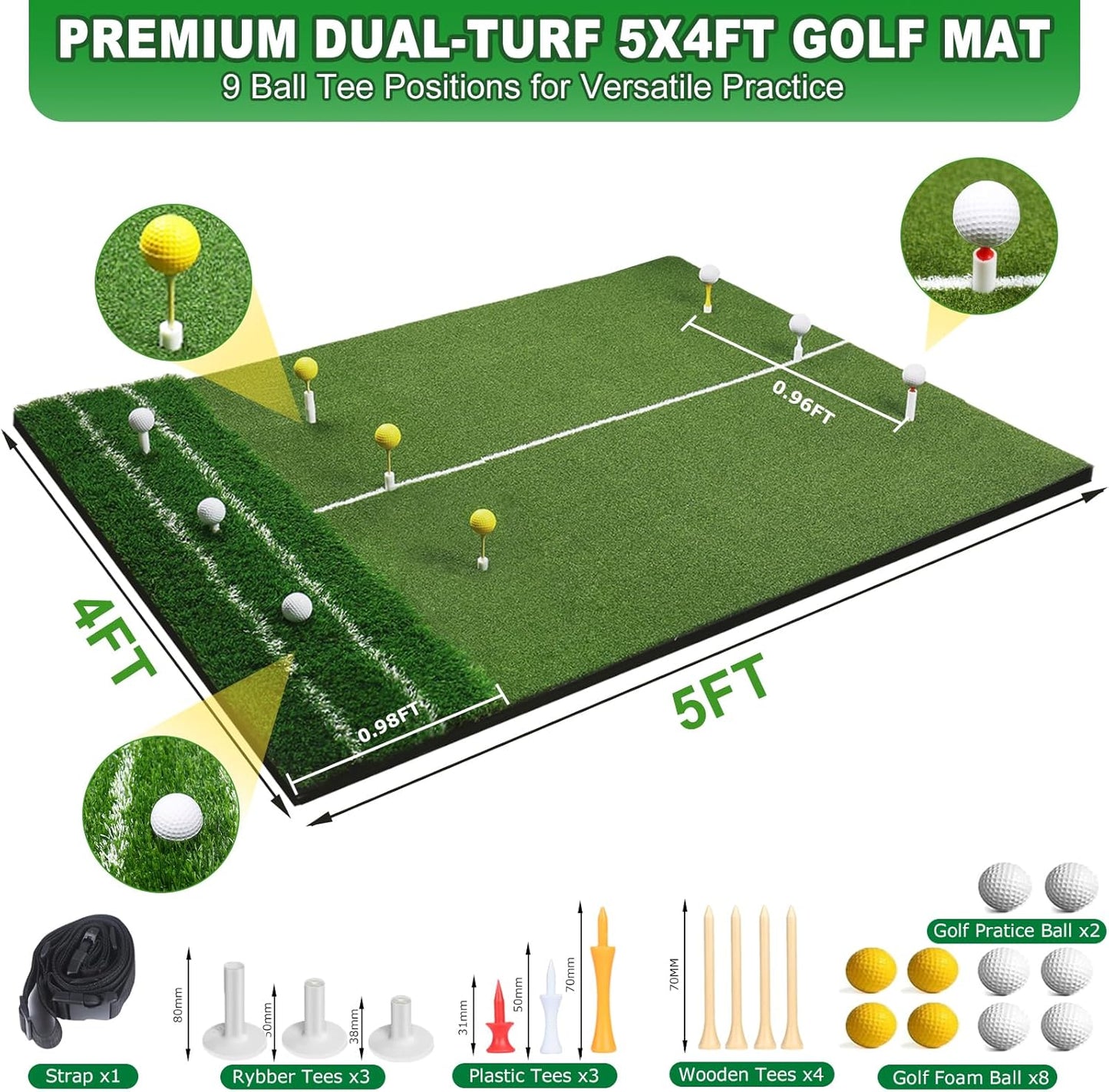 Premium Dual-Turf Golf Hitting Mat - 4x5ft Indoor/Outdoor Practice Mat with Realistic Fairway & Rough Turf, Portable Golf Swing Training Mat with Alignment Guide Real Feel for Driving Range