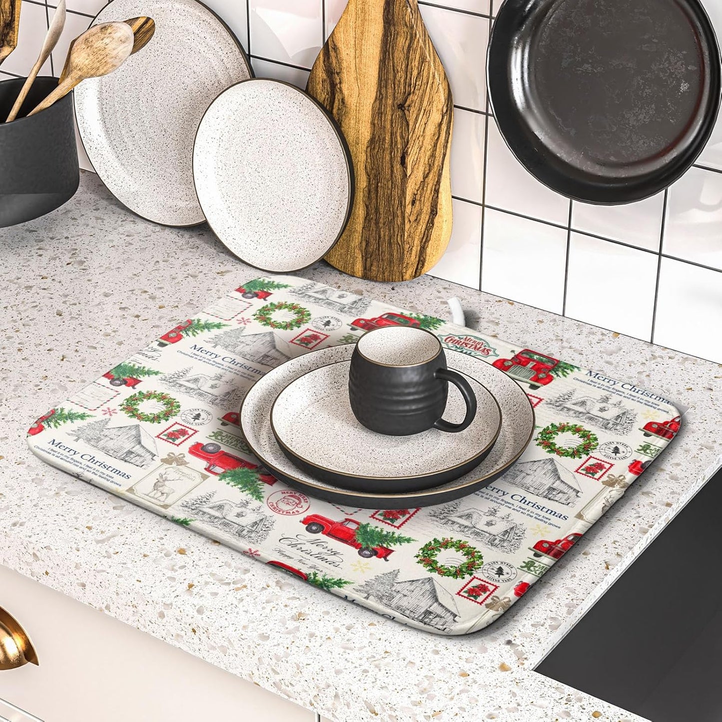 Christmas Red Truck Dish Drying Mat for Kitchen Counter Vintage Xmas Theme Drying Mat 16x18 Inch Winter Holiday Absorbent Dish Drainer Mat Christmas Kitchen Accessories