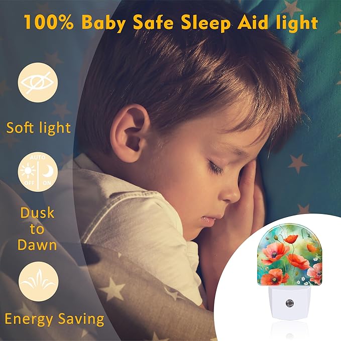 Watercolor Red Poppies Flower Night Light, Abstract Colorful Floral Dusk to Dawn Night Light Plug in,0.5w Energy Saving Sleep Friendly NightLight for Kids Boys Girls Home Decor