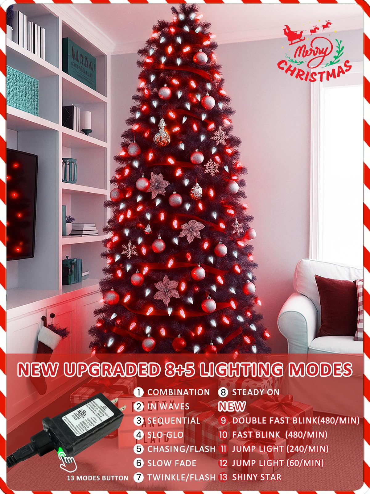 Upgraded 250 Led C6 Connectable Christmas String Lights Red And White  82Ft Waterproof Christmas Twinkle Light Outdoor  Plug In Fairy Lights Indoor With 13 Modes & Timer For Christmas Tree Decorations