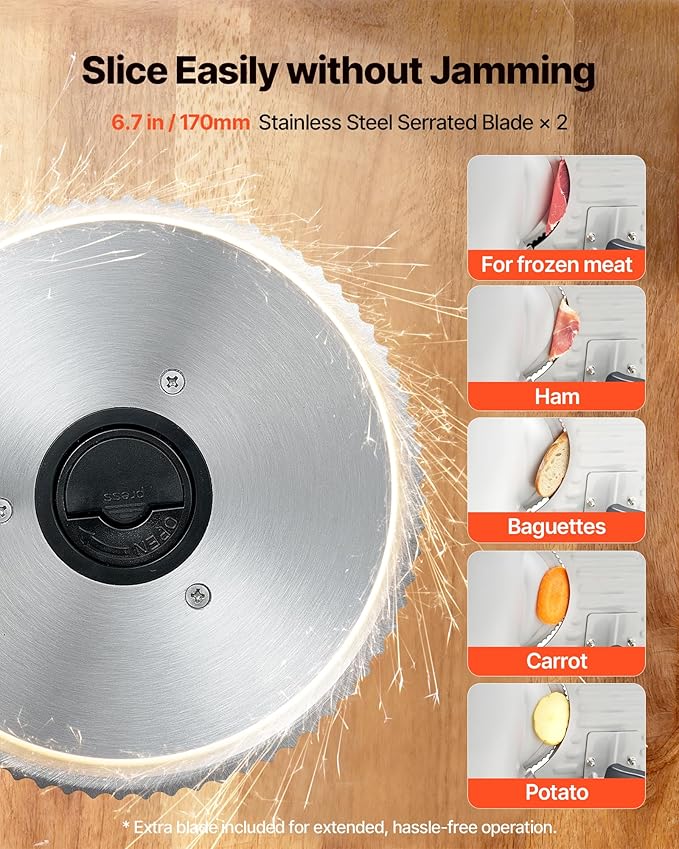 VEVOR Meat Slicer, 6.7 inch 150W Electric Deli Slicer Machine with 2 SUS420 Blades, 0-0.6 inch Adjustable Thickness, ETL Certified Home Food-Slicer for Meat, Ham, Baguett, Steak