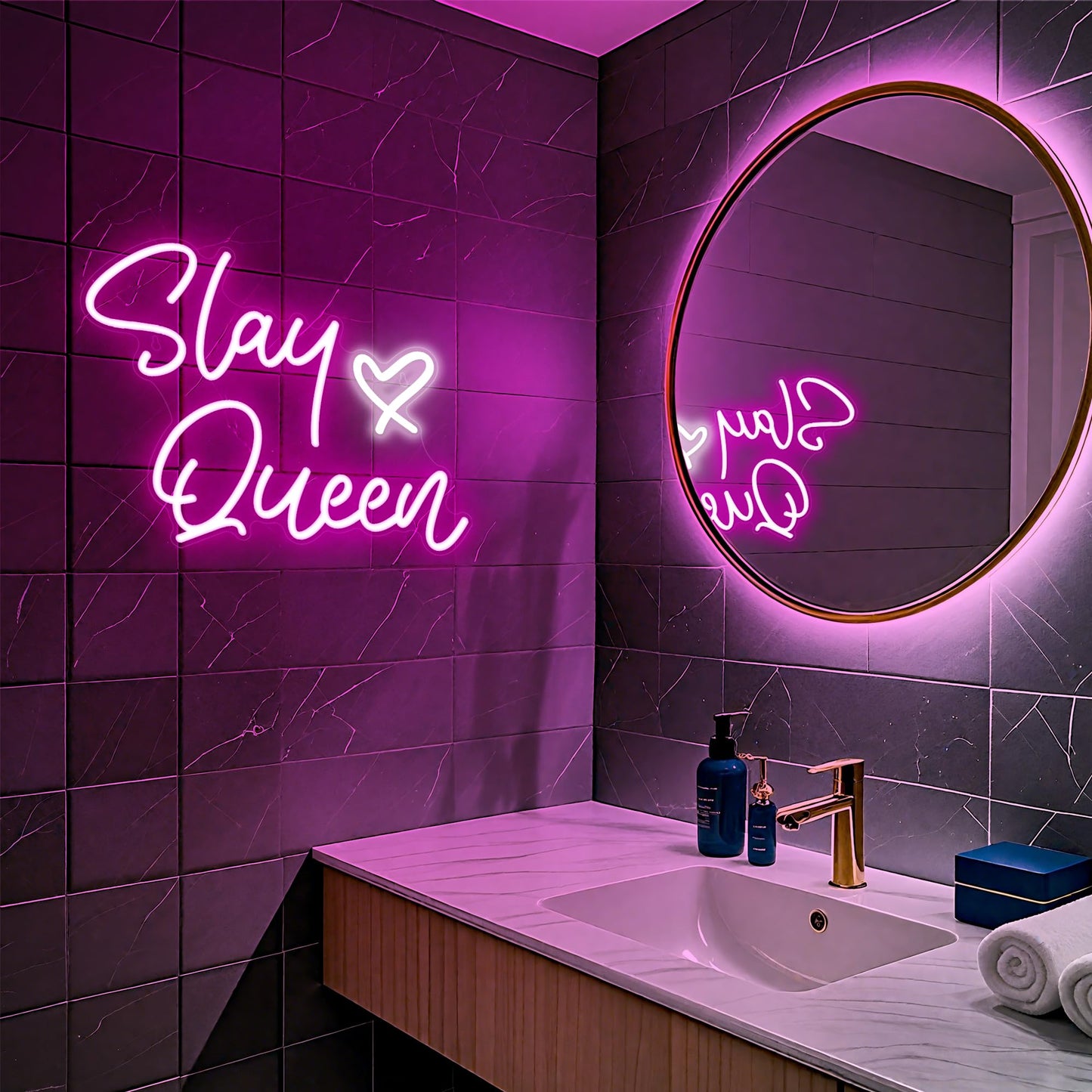 Kavaas Neon Sign Slay Queen 15.3in x 12.6in Pink LED Light Up Wall Decor for Bedroom, Bar, Office, Dorms