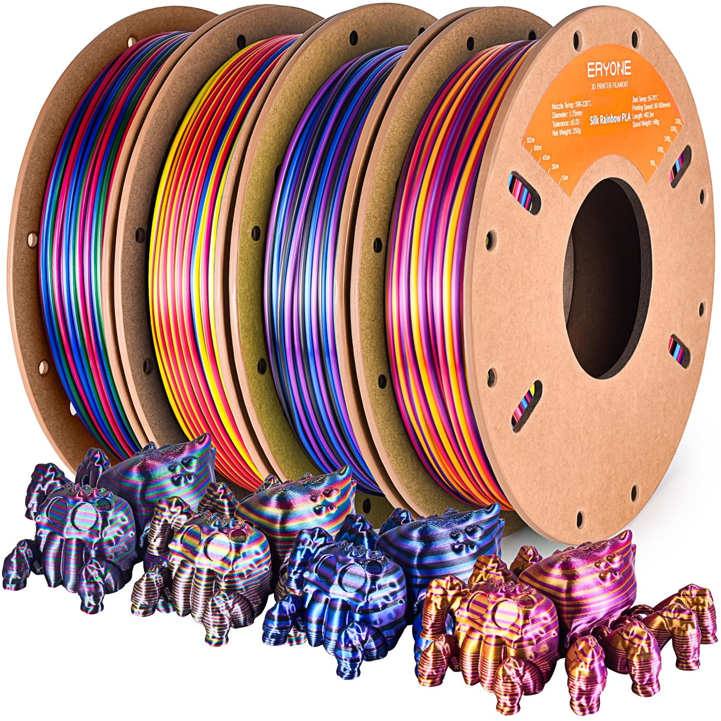 ERYONE Rainbow PLA Filament Bundle, 1.75mm +/-0.03 mm, Silk Twist Rainbow 3D Printer Filament 0.25kg/Spools, 4 Packs(2.2lbs), Tw