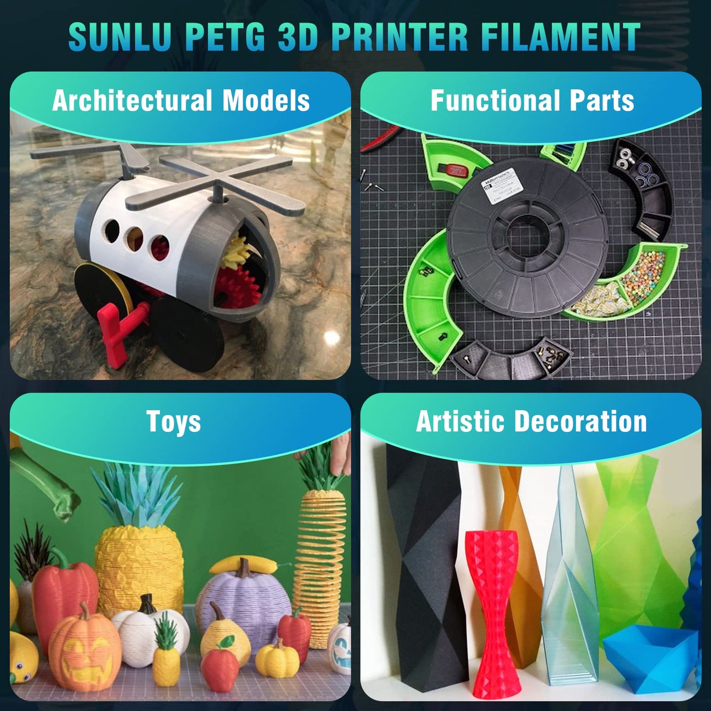 SUNLU PETG Filament 2KG, High Strength PETG 3D Printer Filament 1.75mm, Dimensional Accuracy +/- 0.02mm, 1KG Spool(2.2lbs), 2 Pack, Black+White
