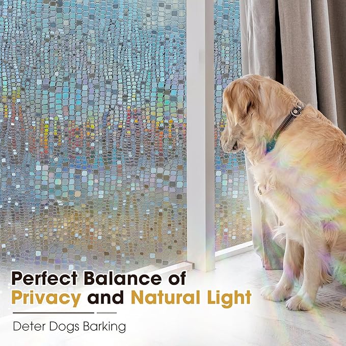 Windimiley Rainbow Window Privacy Film, 3D Stained Glass Christmas Decorative Window Clings, UV Heat Blocking Holographic Prism Stickers for Home (23.6 x 157.5In,Brown)