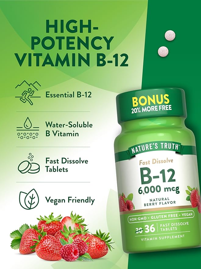 Nature's Truth B12 Vitamin 6000 mcg | Methylcobalamin | 36 Tablets | Fast Dissolve Natural Berry Flavor | Vegan, Non-GMO & Gluten Free