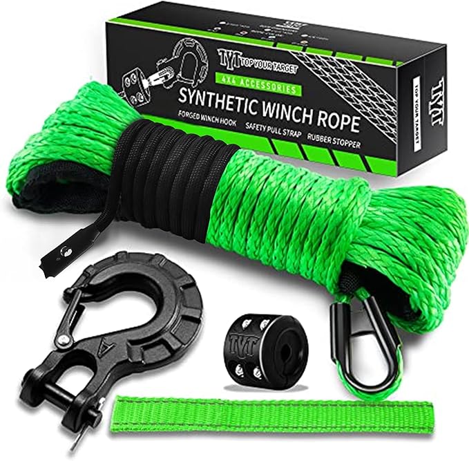 TYT Synthetic Winch Rope Kit - 1/4'' x 50' with 10000 lbs Strength, Protective Sleeve, Heavy Duty Hook, Rubber Stopper, & ...