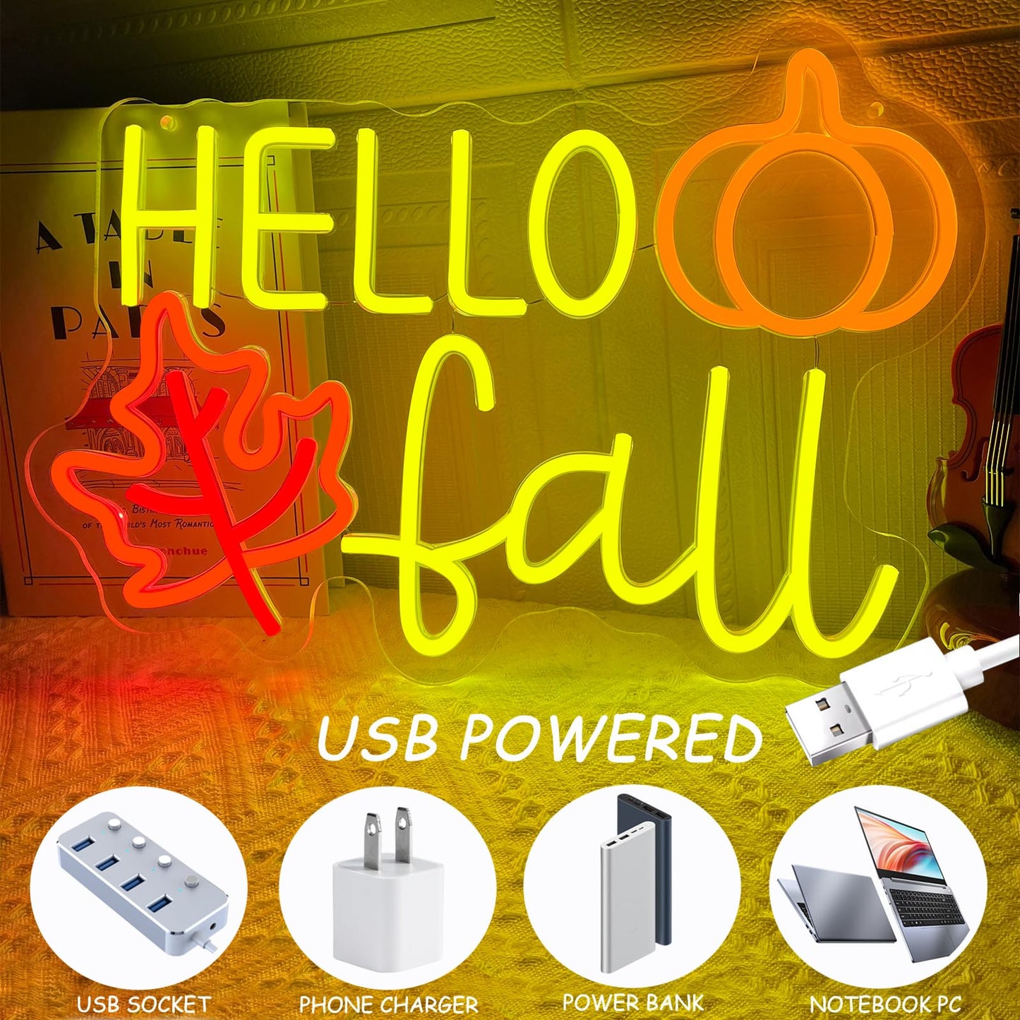 Hello Fall Neon Sign  Dimmable Autumn Neon Lights With Maple Leaf For Wall Decor  Fall Pumpkin Led Light Up Signs For Thanksgiving Autumn Theme Party Backdrop Halloween Wedding Birthday Presents