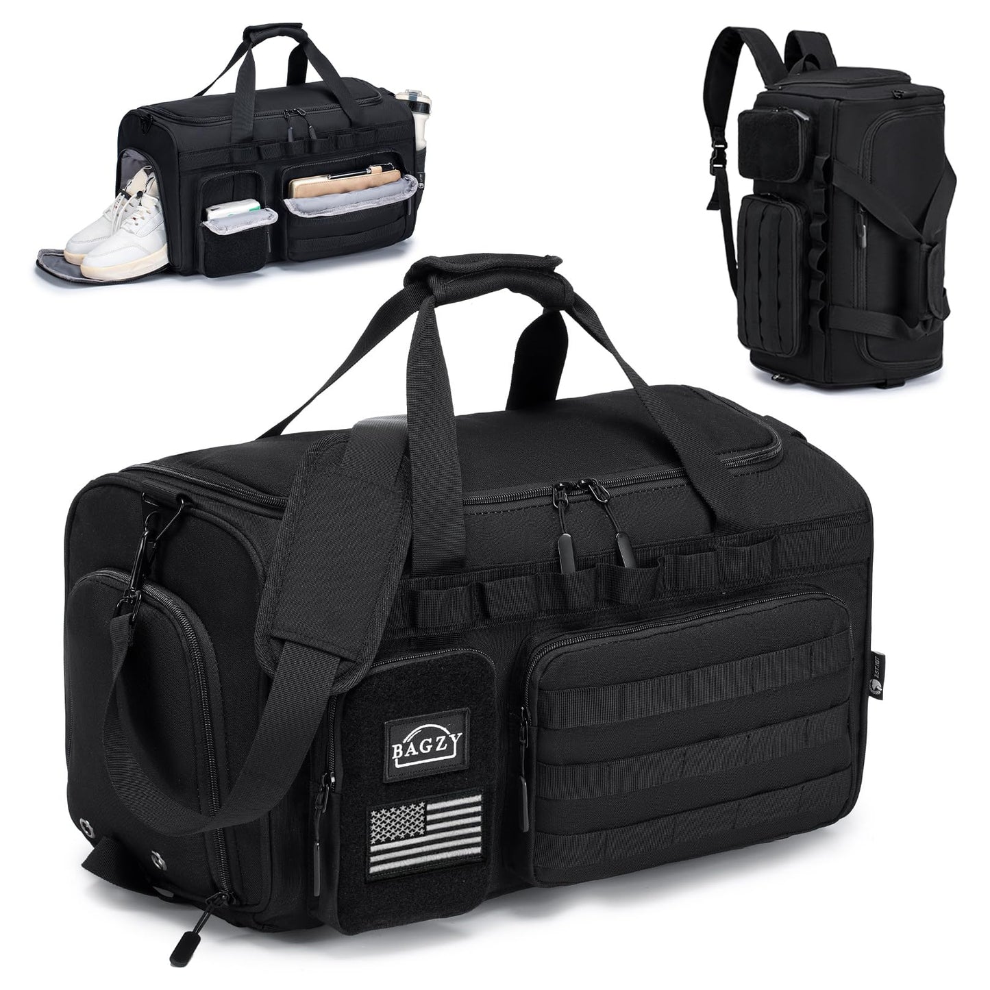 BAGZY 3 In 1 Tactical Military Travel Duffle Bag 40L with Shoe Compartment Gym Bag Backpack for Fitness Weekender Deployment Workout Black