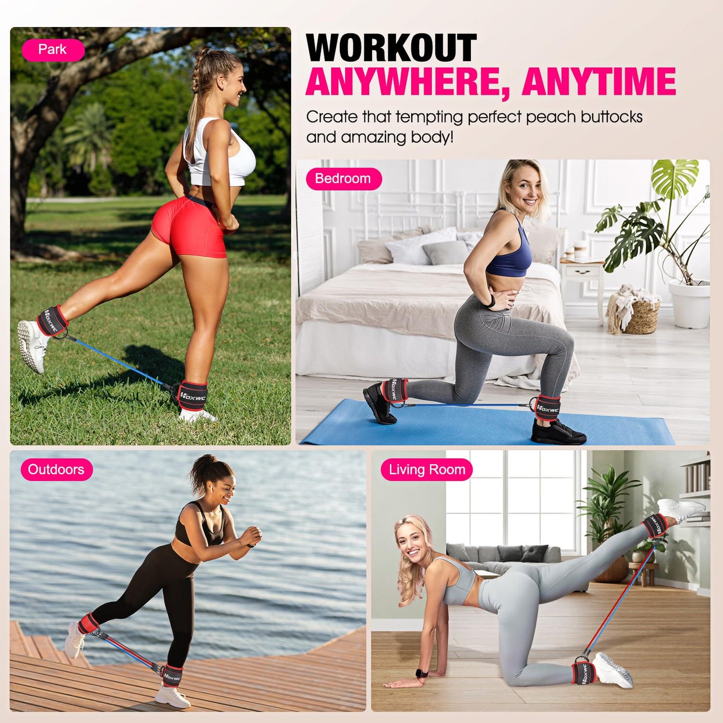 HOXWC Ankle Resistance Bands with Cuffs, Glutes Workout Equipment, Ankle Bands for Working Out, Exercise Bands for Butt Lift Women, Workout Equipment for Kickbacks Hip Gluteus Training Exercises