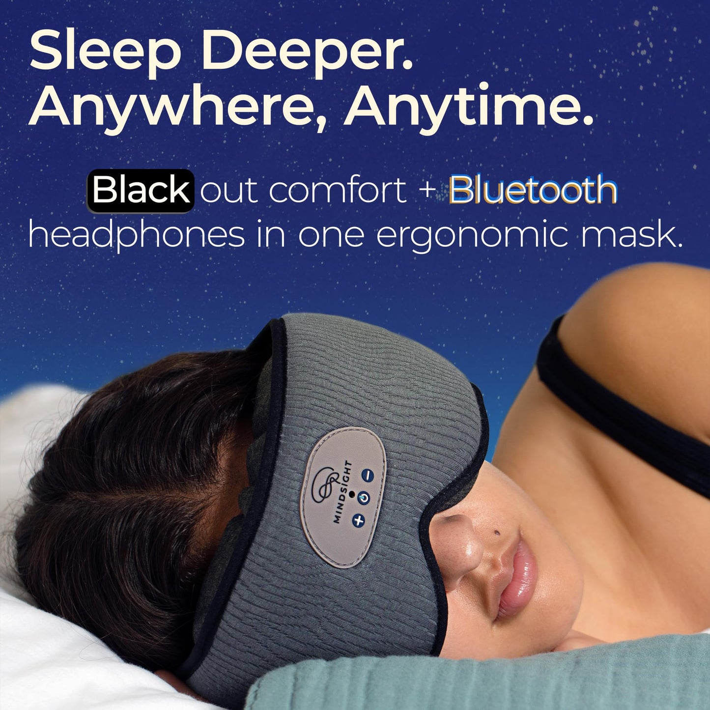 Mindsight DriftBand Sleep Mask with Bluetooth Headphones | Blackout Eye Mask with Memory Foam | Breathable Plush Fabric | Ultra-Thin Adjustable Speakers | Built for Sleep & Travel | Easy to Spot Clean