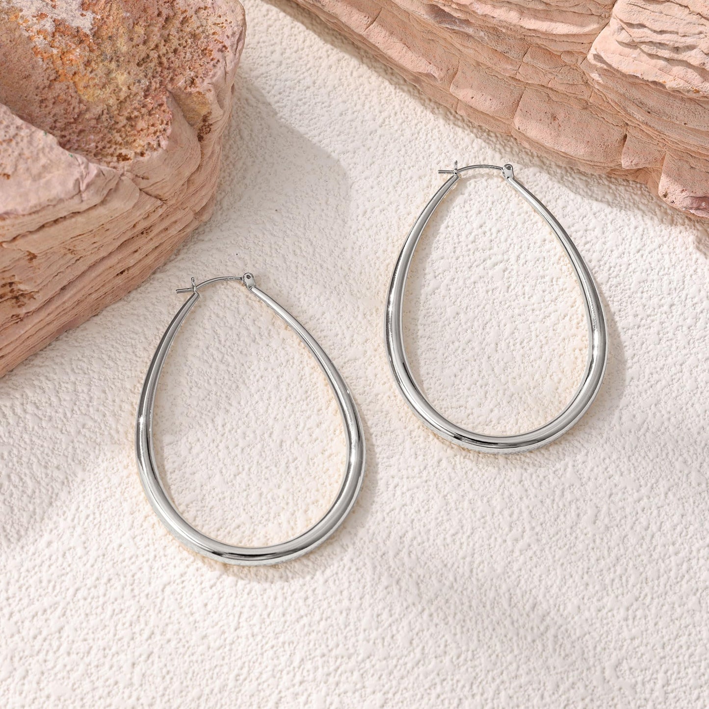 Gacimy Silver Chunky Hoop Earrings for Women, 14K White Gold Plated Oval Hoop Big Earrings with 925 Sterling Silver Post, 60mm W