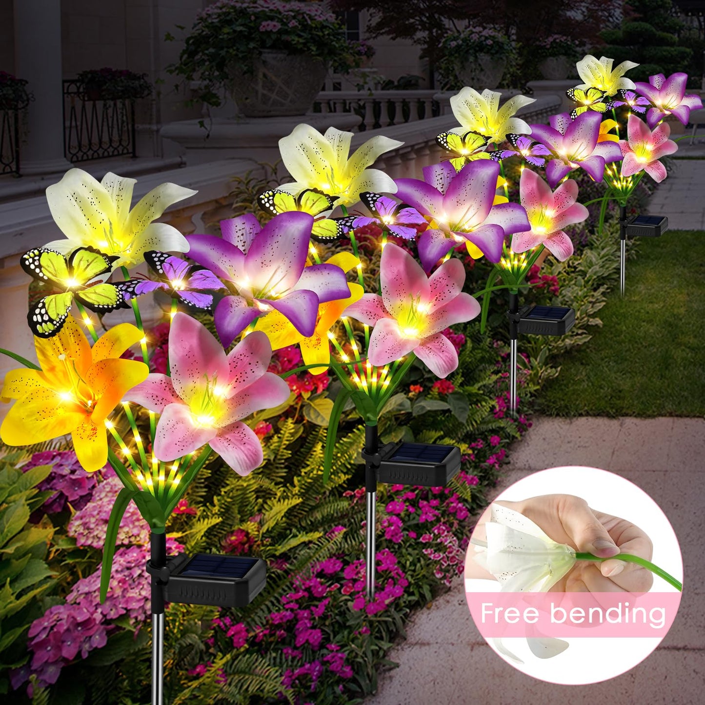 ostritec Solar Garden Lights, 4 Pack Flower Lights, 16 Solar Lilies with Butterflies, Waterproof Decor, Model NewLily4pack, Color: 4 pcs Lilies