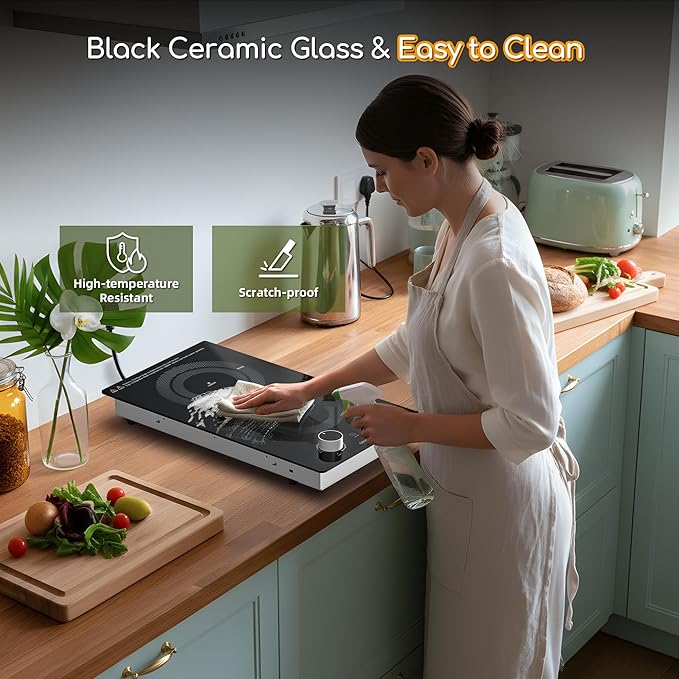 12 Inch Electric Cooktop with 2 Burner,110V-120V, 1800W,Plug in Electric Stove Top,Countertop & Built-in,Glass Radiant Cooktop with Knob & Touch Control,Auto Shutdown,Residual Heat Warning