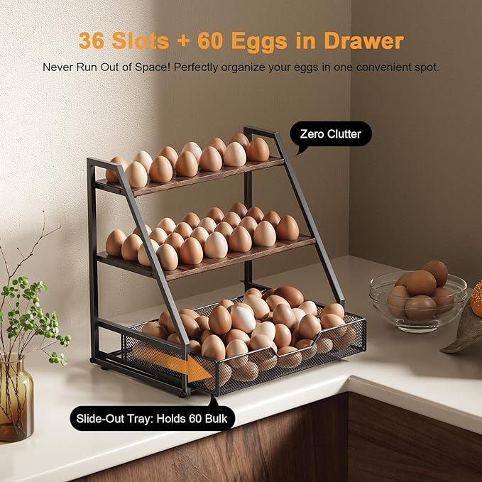 3-Tier Wooden Fresh Egg Holder Countertop With Basket for 36+90 Eggs, Wooden Egg Holder Countertop with Carry Handle for Gathering 100+ Eggs, Duck, and Quail Eggs